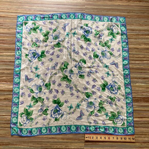 Worthington Silk Square Bandana Scarf Blue Butterfly & Floral Vintage Hair Neck - Picture 6 of 7